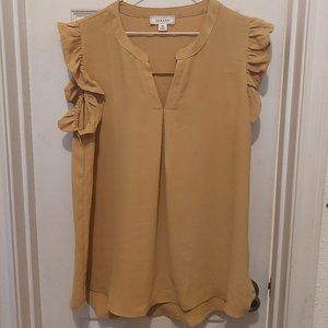 Zenana Mustard Colored Ruffled, Sleeveless Top